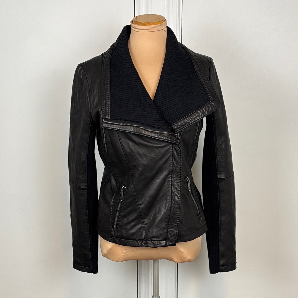 Michael Kors Black Leather Womens Biker Jacket ribbed collar & sleeves med.
